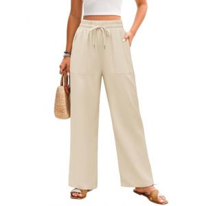 Niwicee Pantalon Lin Femme &Eacute;t&eacute; Pantalons Large Chanvre Confortable Jogging Plage R&eacute;tro Pants Taille Elastique Pantalon D&eacute;contract&eacute;e Couleur Unie Mode Pants avec Poches(Beige,L) (Veayada, neuf)