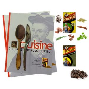 Livre recueil de recettes Rabelais avec 1 bo&icirc;te d'&eacute;pices Rabelais 50 grs et 1 bo&icirc;te de poivre grain 50 grs (ETS SABOURAUD, neuf)