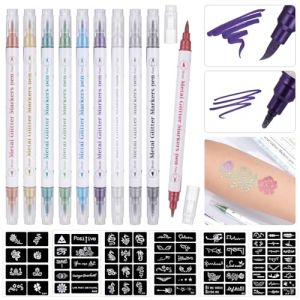 Huiguli Stylo Tatouage Temporaire Double Pointe, 10 pcs Couleurs Stylos à Tatouage Enfant, Avec 60 Pochoir Tatouage, Kit Tatouage pour Garçons, Filles, Carnaval, Fête D'anniver (HUIGULI, neuf)
