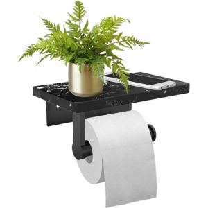 Porte Papier Toilette sans Perçage en Aluminium, Porte Rouleau Papier Toilette en marbre avec étagère, Support Papier Toilette Mural, Porte-Papier Mural pour Salle de Bain, Cuisine, Noir (Noir) (YANROO EU, neuf)