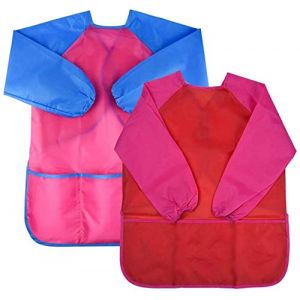 2 pcs Blouse Peinture Enfant Imperm&eacute;able Tablier de Peinture enfant, Tablier Manches Longues Enfant avec 3 Poches pour L'&eacute;cole Activit&eacute;s, Peinture, Cuisine, Coloriage, nourrissage- age 3-7 ans (peiyuda, neuf)