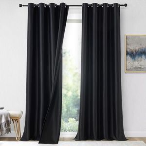 MRTREES Lot de 2 Rideaux Salon Rideau Thermique Isolant Anti Froid avec Doublure Épais 100% Occultant Rideau Noir Opaque Isolation Phonique à Oeillets pour Dressing Balcon, 140(L) x245(H) CM (MRTREES HOME, neuf)