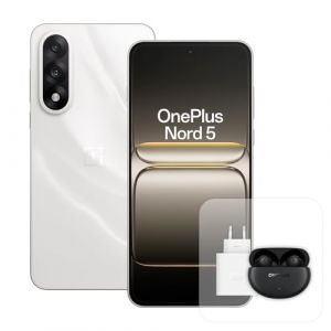 OnePlus Smartphone Nord 5 8 Go RAM 256 Go Stockage, écran AMOLED 6,83 Pouces 144 Hz, Snapdragon 8s Gen 3, Double caméra 50 Mpx, Batterie 5200 mAh, Chargeur 80 W et Nord Buds 3 Pro, Blanc (Electrostock EU, neuf)