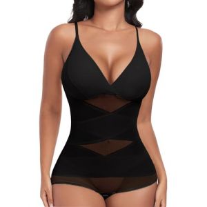 PASUDA Body Gainant Femme Ventre Plat Gaine Invisible Body Sculptant Gaine Amincissante Shapewear Bodysuit Minceur Corset Bustier Combinaison avec Soutien-Gorge Bretelles R&eacute;glable (Noir, M) (Amutoo, neuf)