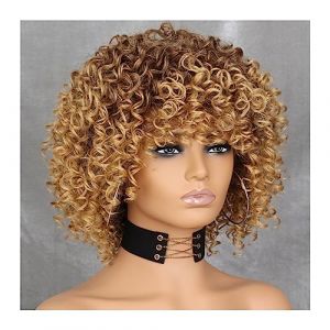 Perruques de cheveux Perruque Afro Blonde Bouclée Avec Une Frange Perruques De Longueur D'épaule Perruques Afro Perruques Synthétiques Bouclées Complètes for Les Femmes pour femmes Cheveux (huangjunGB168, neuf)