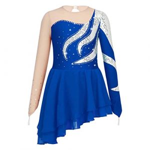 dPois Asymétrique Robe de Patinage Artistique Enfant Fille Paillettes Robe Danse Classique Manches Longues Brillant Strass Justaucorps Gymnastique Gym Ballet 5-16 Ans Bleu Foncé 11-12 Ans (dPois eu, neuf)
