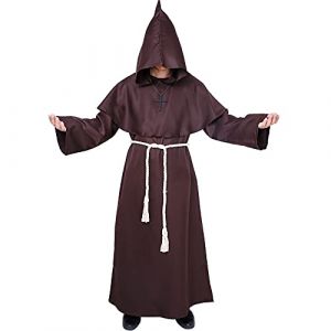 Myir JUN Deguisement Moine, Deguisement Halloween Homme Prêtre Médiéval Capot Encapuchonné Moine Costume avec Croix Renaissance Robe de Prêtre Halloween Robe (Marron, XL) (Myir JUN-EU, neuf)