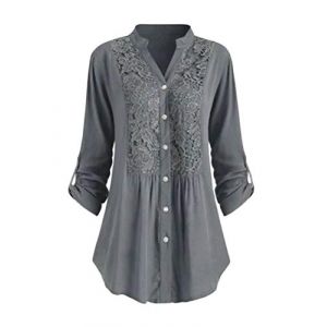 Minetom Chemisier D&eacute;contract&eacute; en Dentelle Tunique Femme Grande Taille Chic Blouse &Eacute;l&eacute;gant Fluide Manches Longues Tops L&acirc;che T-Shirt Gris 48 (Mon Bon Coup FR, neuf)