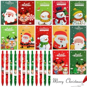 12pcs Stylos &agrave; Bille No&euml;l 0.5mm Stylo de Signature R&eacute;tractable Marqueur Bonhomme de Neige P&egrave;re No&euml;l Renne et 12pcs Mini Bloc-notes Carnets Cadeau pour Bureau &Eacute;cole Ajouts d'Avent F&ecirc;te No&euml;l Nouvel An (ShanDongYuRui, neuf)