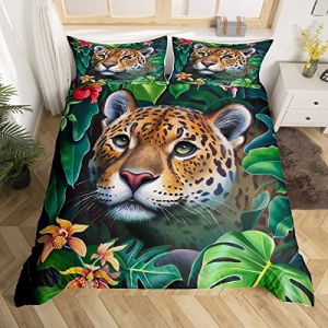 Tiger Pattern Housse de Couette Wild Animal Parure de Lit 200x200cm Wildlife Safari Cat Print Parure Housse de Couette for Boys Girls Teens Bedroom Decor Botanical Leaves with 2 Pillow Case (Bofanshangmao, neuf)