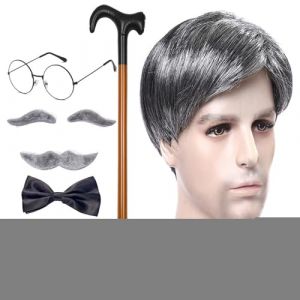Perruque et moustache de grand-père, ensemble de perruques de vieil homme - Kit de costumes de grand-père 8 pièces/ensemble,Perruque de vieil homme, lunettes de canne, Faux sourcils, moustache, nœud p (kenl, neuf)