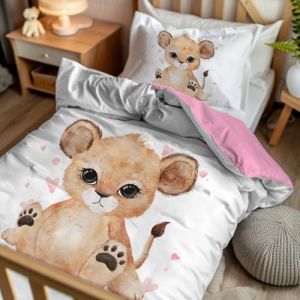 Pictogogo Parure lit Fille 2 pi&egrave;ces &ndash; Housse Couette 100 x 135 + taie 40 x 60 &ndash; Motif Lion Rose/Revers Coton Rose &ndash; Microfibre & Coton Oeko-TEX &ndash; Fermeture &eacute;clair &ndash; lit &eacute;volutif 70 x 140 (PersonaliseDog, neuf)