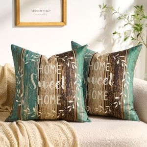 Housse de Coussin Vert 40x40 cm Imitation Lin Ray&eacute; Home Sweet Home Blanc Couronne Farmhouse Rustique Vert Kaki Marron Housse de Coussin Lot de 2 avec Fermeture &Eacute;clair Invisible pour Canap&eacute; Balcon (KOOOLET EU, neuf)