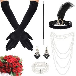 FUKPO 6 Pièces Accessoires Annee 20 Femme Set, Accessoire Annee 20 Gatsby Costume Femme, Charleston Deguisement Année 20 avec Bandeau Collier de Perles Porte Cigarette Gants Longs Boucle D'oreille (XiaMenHongWoManMaoYiYouXianGongSi, neuf)