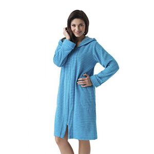 DOROTA Peignoir/Robe de Chambre Tendance, en Coton Souple, avec Poches, Zip et Capuche, Turquoise à Rayures, L (42) (SELENTE, neuf)