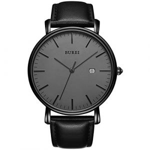 BUREI Montre Quartz Ultra-Fine pour Homme Mouvement Quartz Japonais m&eacute;canique pour Homme Le pour Les Gentlemen (Noir Clair, Bracelet de Montre en Cuir) (EU Watches, neuf)