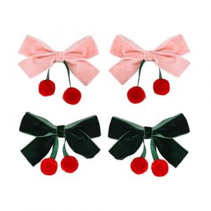 Lot de 2 paires de pinces &agrave; cheveux en ruban de velours avec boule de cerises rouges faites &agrave; la main - Accessoires de d&eacute;coration pour robe de f&ecirc;te (rose/vert) (Fast Media Ships From USA, neuf)
