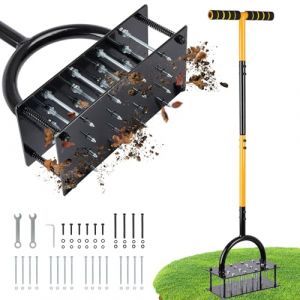 Securex A&eacute;rateur de pelouse 2 en 1, a&eacute;rateur, avec 16 pointes, 98 cm, scarificateur manuel en m&eacute;tal avec poign&eacute;e en T, scarificateur Heavy Duty, pic de pelouse, a&eacute;ration pour sols compacts, entretien (THOKIF, neuf)