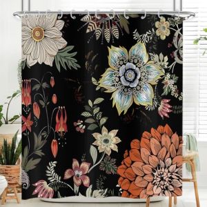 Hnmdmyi Rideau de Douche Noir Boho Fleurs 180x180, Vintage Color&eacute; Abstrait Fleurs Boh&egrave;me Rideau de Baignoire Mid Century Moderne Art Esth&eacute;tique Imperm&eacute;able Tissu Polyester Lavable Rideau de Bain (Hnmdmyi, neuf)