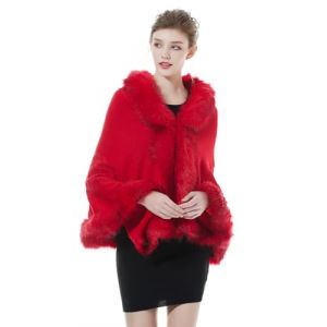 BEAUTELICATE Ch&acirc;le Tricot&eacute; &Eacute;tole en Fausse Fourrure Cape Poncho Chaud De Femme Mariage Hiver sur Robe de Soir&eacute;e Mari&eacute;e(Taille Unique, Motif Rose & Fausse Fourrure - Rouge) (BEAUTELICATE-FR, neuf)