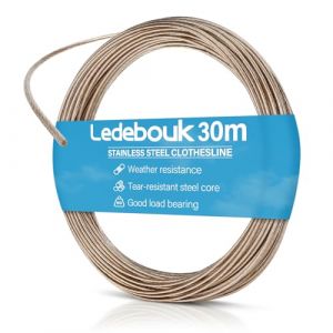 Ledebouk Corde à Linge 30m, Corde a Linge Exterieur, Fil à Linge avec Câble en Acier, Maximale de 120 kg, Revêtement en PVC, Résistante aux intempéries, pour Etendage Jardin, Camping (Blanc) (Ledebouk Store, neuf)