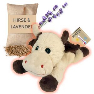 Habibi Premium MIDI Deluxe 2044 Coussin chauffant en peluche pour b&eacute;b&eacute;s et enfants &ndash; Mini vache, rembourrage amovible en millet, pour chauffer au micro-ondes, convient &eacute;galement aux adultes (vache) (TOPANBIETER999, neuf)