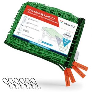 TRIBURG Filet pour remorque 1,5x2,5 INCL. 6X Crochets extenseurs - Filet pour remorque avec marquage des Coins et renforcement des Bords INCL. 6X tendeurs en Caoutchouc avec Crochet (TRIBURG, neuf)
