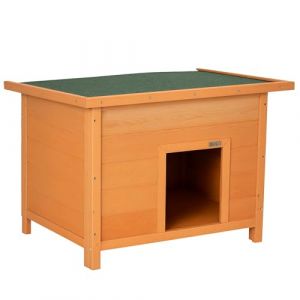 PawHut Niche pour Chien Chat en Bois sur Pied chenil Toit ouvrant bitumé 85 x 58 x 58 cm pin Massif pré-huilé Marron Vert (Aosom FR, neuf)