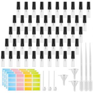 RVLZKCPG 50 Pi&egrave;ces Echantillon Parfum Vide, 3mL Flacon Parfum Vide, Mini Vaporisateur avec 3 Pipettes, 3 Entonnoirs, 3 Presseurs et 4 Feuille D'&eacute;tiquettes pour Voyager et Camper (Noir) (perzsjvn, neuf)