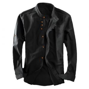 Veste Homme Ete Legere Chic Lin BoutonnéE -Chemise Homme Col Mao Manches Longues Surchemise DéContracté Haut Confortable Grande Taille Cardigan (QIxiangYes, neuf)