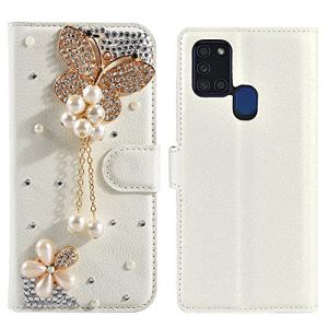 Glitter 3D Cristal Sparkle Case pour Samsung Galaxy A21s Coque Briller Diamant Strass Housse Pochette en Cuir Back Etui Folio Couverture Protecteur Coquille pour Samsung Galaxy A21s,Papillon (Bolong, neuf)