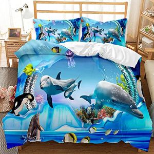 EHAOKK 3D mer Animaux literie Set,Dauphin,Poisson Tropical,Corail,Vie Marine Housse de Couette,Bleu Monde sous-Marin Housse de Couette pour Enfants(A,220 x 240 cm) (jiejiahui237, neuf)