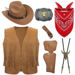 Saier tbo 7 Pièces Cowboy Costume Accessoires pour Hommes, Western Cowboy Fancy Dress Set avec Chapeau Gilet à Pompons Bandana à Boucle Bolo Ceinture Holsters pour Carnaval Cosplay Fantaisie (Qi ShiPengDeshop, neuf)
