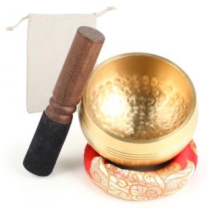 Bol Tibétain - Bol Chantant - Bol Tibétain Original, Handgefertigt en Laiton, 8 cm, avec Maillet, Support et Sac, pour Pleine Conscience, Méditation, Réduction du Stress, Guérison et Yoga (Dandestore, neuf)
