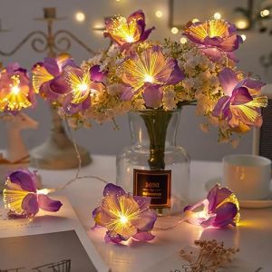 EONANT Guirlande de fleurs en fibre optique lumineuse &agrave; piles - Guirlande lumineuse LED pour chambre &agrave; coucher - Pour int&eacute;rieur et ext&eacute;rieur, mariage, No&euml;l, jardin, f&ecirc;te - Violet - 40 LED (AntEuro, neuf)