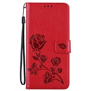 Ucikov Housse de Portable pour Samsung Galaxy J6 Plus 2018,Motif de Fleurs Roses 3D en Relief Antichoc Mince Cuir Rabat Bourse Etui Coque avec Porte Cartes Support,Rouge (Ucikov, neuf)