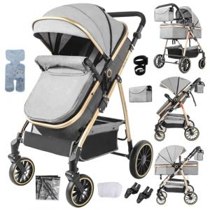 Nine point nine Poussette 3 en 1, Poussette Bebe avec Double Modes de Pouss&eacute;e R&eacute;versibles, Pousette Canne Grande Confortable, Pousette avec Cadre Aluminium Haute Paysage (V8 Gray) (Kaiwen baby products, neuf)