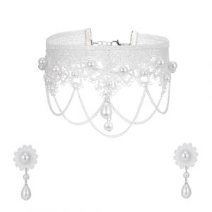 MILAKOO Collier ras du cou en dentelle blanche Boucles d'oreilles en perles parure mariage mari&eacute;e parure Halloween costume victorien (Baiyu Jewelry, neuf)