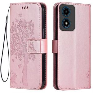Topme &Eacute;tui en Cuir pour Motorola Moto E14 / G04S / G04 / G24 / G24 Power (6.5" inches), [ Coque Housse de T&eacute;l&eacute;phone Style Motif Chat Et Arbre] - Or Rose (topme, neuf)