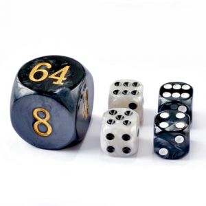 Lot de 5 dés de backgammon en perles de 30 mm – Grand cube de double de 30 mm plus 4 dés de 16 mm (noir/blanc marbré) (Bescon Dice Shop, neuf)