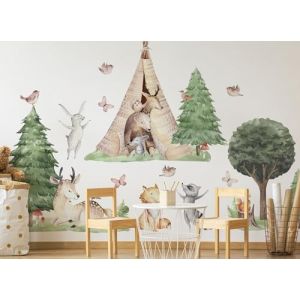 Osomhome os3611 Sticker mural animaux de la forêt I Feuilles girafe renard oiseau lapin forêt Image pour chambre d'enfant garçon et fille (190 x 100 cm) (osomhome, neuf)