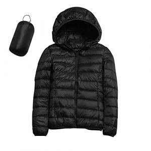Doudoune L&eacute;g&egrave;re Femme D'hiver Chaude avec Capuche Plume Cintree Veste en Duvet Courte Grande Taille Duvet Jacket Pliable Fine Veste de Transition Rembourr&eacute;e et Doubl&eacute;e pour Montagne (01 Black, M) (LDpOIQta, neuf)