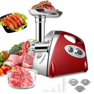 SINZUX Hachoir à viande et à saucisses électrique 2800 W, Couteau en acier inoxydable, avec rotation avant et arrière Hachoir à viande, 3 disques de coupe différents,set de saucisses et de Kubbe,rouge (Sword Heaven, neuf)