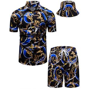 fohemr hommes baroque ensemble de deux pièces or chaîne motif blanc chemise short avec chapeau de pêcheur Casual set vacances d'été plage set X-Large (fohemr, neuf)