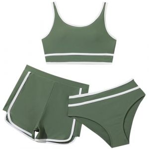 Ensemble de Bikini 3 Pieces Maillot De Bain Enfant Fille 8-14 Ans Shorts + Tanga + Haut Corset Maillot De Bain Fille Pas Cher Plage Natation Piscine Sport Vacances (Green, 11-12 Ans) (SoLu DAY8, neuf)