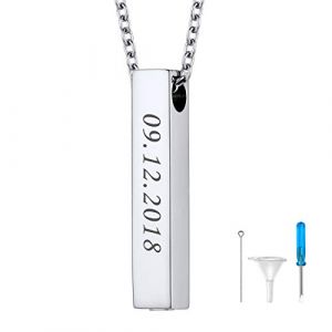 U7 Collier Urne Funéraire Animaux Acier Personnalisé Pendentif Barre Verticale Ouvrable Porte Cendres/Poils de Chien/Chat Chaîne 50cm/2.5mm Fournie (HMDEU, neuf)