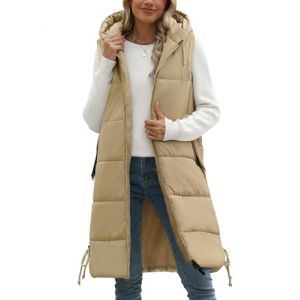 Tuopuda Doudoune sans Manche Femme, Veste Longue sans Manche Manteau sans Manche Automne Hiver Chaud Gilet sans Manche &agrave; Capuche Zipp&eacute;e Hooded Coat Matelass&eacute; L&eacute;g&egrave;re Waistcoat, Kaki, L (GHF-Direct, neuf)