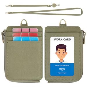 Wason Porte-Badge en Cuir avec Poche Zipp&eacute;e Lani&egrave;re D&eacute;tachable Dragonne et Enrouleur Badge R&eacute;tractable, Emplacement carte polyvalent Carte d'identit&eacute; Badge Cl&eacute; Permis de conduire (Vert) (Wason eu, neuf)