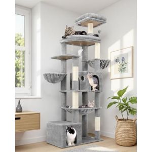 Globlazer Arbre a Chat XXL 193 cm Haut avec 2 Grande Niches, Hamac 50 * 40CM, Vaste Plate-Forme, 2 Panier, Perchoirs, Peluche Jouets, &Eacute;norme Arbre &agrave; Chat Stable pour 3-5 Gros Chats (S76B, Gris Clair) (Globlazer For Your Pet, neuf)