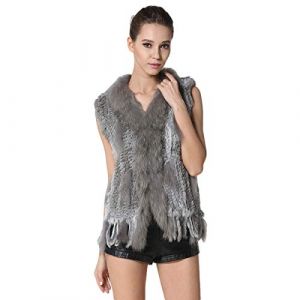 KAISHIN Mode R&eacute;el Tricot&eacute; Gilets De Fourrure De Lapin pour Femmes Casual Col De Fourrure De Raton Laveur Col Manteau Sans Manches (Gris Naturel, FR 40-42 Taille) (KAISHIN, neuf)